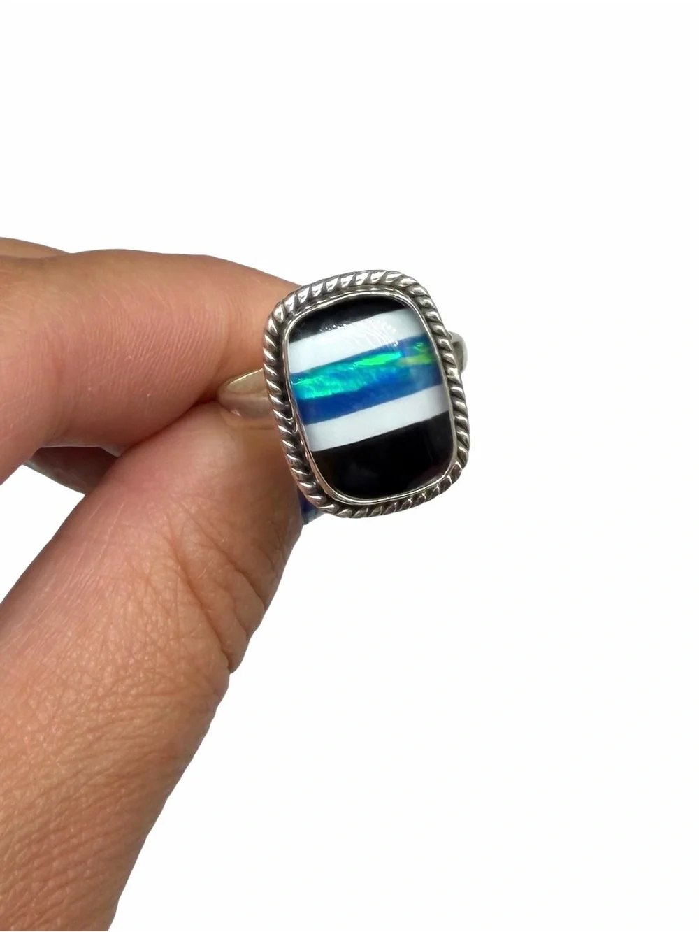 Aurora Fire Opal Black Onyx Striped Ring Size 9 Solid 925 Sterling Silver Blue